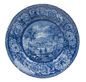 "HOBART TOWN" circa 1825, Staffordshire earthen ware plate with blue & white transfer pattern. (After) George William Evans who originally published the image as a frontispiece to his book on the colony in 1822. Earliest known depiction of Australia on porcelain or earthen ware. Extremely rare & desirable. 23cm diameter