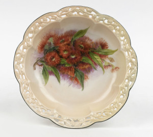 FLORA LANDELLS hand-painted porcelain bowl with gum blossoms, signed "F. Landells, Red Gum, W. Aus.", 17cm wide