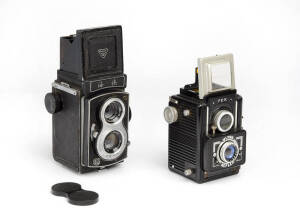 LIGHT INDUSTRIAL PRODUCTS (China): Seagull 4C, c1970s, TLRcamera for 120 rollfilm in maker's leather ERC. Also, a FEX (France) Ultra-Reflex, c1952, twin-lens box camera with bakelite body and metal back in maker's ERC. (2 cameras).