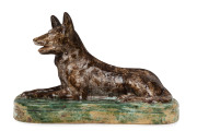 McHUGH pottery kelpie dog doorstop, incised "H. McHugh, Tasmania", 21cm high, 34cm wide