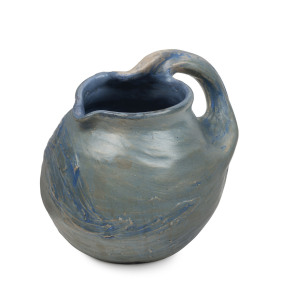 PHILIPPA JAMES blue glazed pottery jug with swept branch handle and tree decoration, signed "Philippa James", impressive and rare size 16.5cm high, 20cm wide