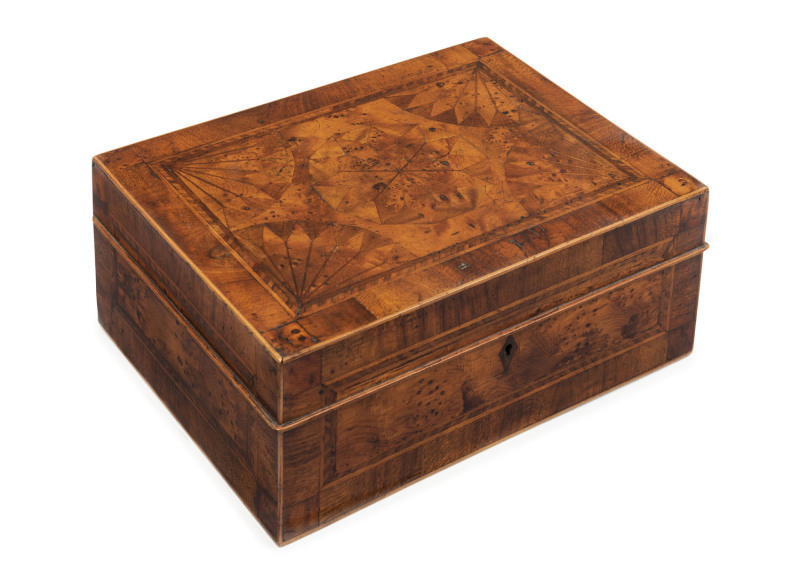 RICHARD DOWLING (attributed) workbox, blackwood, huon pine, myrtle, musk and cedar, Tasmanian origin, circa 1850, 12.5cm high, 31cm wide, 23cm deep. Illustrated in Richard Dowling: The elusive cabinetmaker of O’Brien’s Bridge, VDL, page 45, Australiana Ma