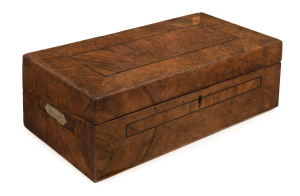 Rare and early Colonial Australian writing slope, musk with ebony string inlay and flush carry handles, Tasmanian origin circa 1840, fitted interior with crown top ink bottles, 17cm high, 52cm wide, 27.5cm deep