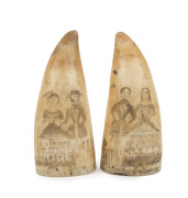 A pair of antique scrimshaw whale's teeth with engraved portraits, Tasmanian origin, 19th century, 10cm and 10.5cm high PROVENANCE: The Berry Collection, Young's Auctions, Melbourne, 2008