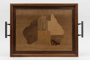An Australian map inlaid timber serving tray with chrome handles, Queensland origin, mid 20th century, 52cm across the handles