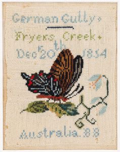 BARBARETTA BEAUMONT two early Australian needle work samplers titled: I.) "German Gully, Fryers Creek, Dec. 20th 1854, Australia, B.B", II.) "Barbaretta Beaumont", 18 x 13cm and 19.5 x 17cm Illustrated in "Colonial Crafts of Victoria: Early Settlement to 1921", page 74, National Gallery of Victoria