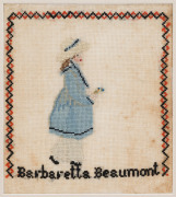 BARBARETTA BEAUMONT two early Australian needle work samplers titled: I.) "German Gully, Fryers Creek, Dec. 20th 1854, Australia, B.B", II.) "Barbaretta Beaumont", 18 x 13cm and 19.5 x 17cm Illustrated in "Colonial Crafts of Victoria: Early Settlement to - 2