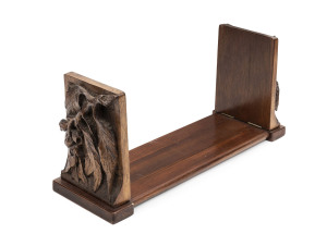 An Australian Arts & Crafts blackwood adjustable bookstand with ornately carved gumnuts and leaves, 19th/20th century, 20cm high, 45cm wide