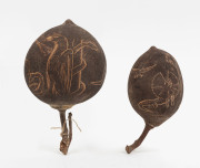 Two carved boab nuts with Australian animals in landscape, Western Australian origin, 20th century, 10cm and 11cm high