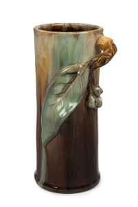 REMUED cylindrical pottery vase with applied gumnuts, leaf and branch handle, incised "Remued Handmade", 22.5cm high