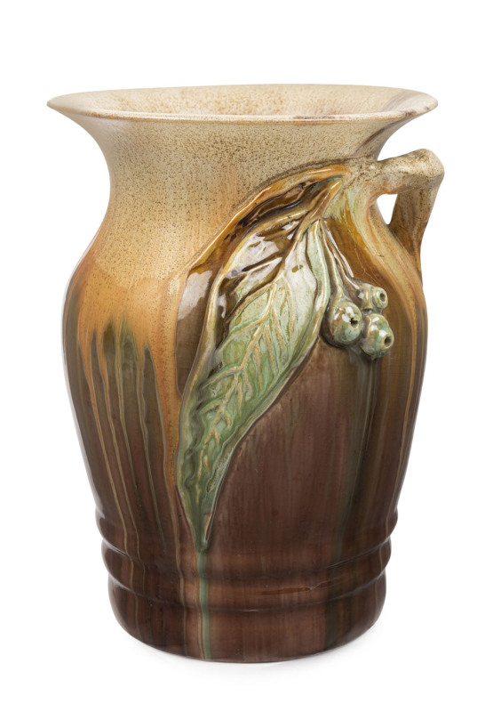 REMUED pottery vase with applied gumnuts, leaf and branch handle, incised 196/9M, ​23cm high