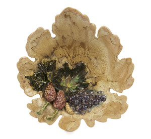 UNA DEERBON pottery leaf bowl with applied fruit and leaves, incised "Deerbon", 20cm wide