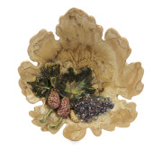 UNA DEERBON pottery leaf bowl with applied fruit and leaves, incised "Deerbon", ​20cm wide
