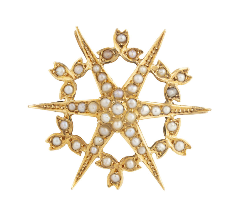 ARONSON & Co. antique 15ct gold star pendant/brooch set with seed pearls, 19th/20th century, pictorial marker's marks to back, ​4cm wide, 6.1 grams