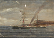 W. BELLINGER (active 1890s), U.S.S. Oonah Leaving Sydney Head, oil on canvas, signed lower left "W. Bellinger, '92", titled in the lower centre, 23 x 31cm