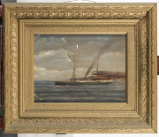 W. BELLINGER (active 1890s), U.S.S. Oonah Leaving Sydney Head, oil on canvas, signed lower left "W. Bellinger, '92", titled in the lower centre, 23 x 31cm - 2