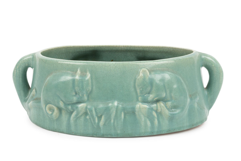 MELROSE WARE "Possum" green glazed pottery trough, stamped "Melrose Ware, Australian, ​11.5cm high, 35cm wide