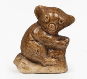 BENNETT POTTERY miniature koala statue with brown glaze, original foil label "Bennett Pottery Art Adelaide", ​8.5cm high