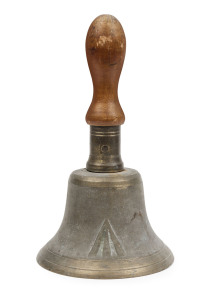 Convict alarm bell, cast brass with broad arrow mark and turned handle, 19th century, 27cm high