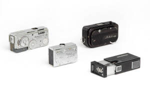 MAMIYA CAMERA CO. (Japan): Mamiya Super 16, c1949, early version marked "Made in Occupied Japan" on back; in maker's leather case; a Mamiya-16 Automatic, c1959. Also, a Feinwerktechnik (Germany) Mec-16 sub-miniature camera (black with black leather) c1958