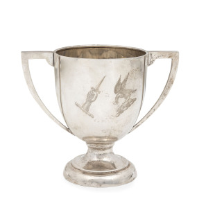 F.J. MOLE Australian silver two handled cup engraved with pictorial crest, Brisbane, Queensland origin, circa 1920, stamped "STERLING SILVER, M" with emu and Maltese cross, 11.5cm high, 14cm wide, 228 grams