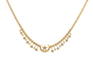 A Colonial 15ct gold necklace crescent and star necklace set with seed pearls, most likely Melbourne origin, 19th century, 42cm long, 14 grams total