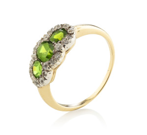 A Colonial antique cluster ring, yellow gold set with three green demantoid garnets surrounded by diamonds, late 19th century, rare.