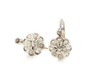 A pair of antique rose cut diamond cluster earrings set in 18ct white and yellow gold, 19th century, ​1.5cm high