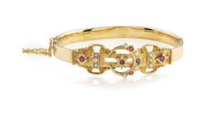 WILLIS & SONS fine antique bangle, 15ct yellow gold with crescent and star design set with red stones and seed pearls, 19th century, stamped "15,W." with unicorn mark, 6.5cm wide, 10.6 grams total