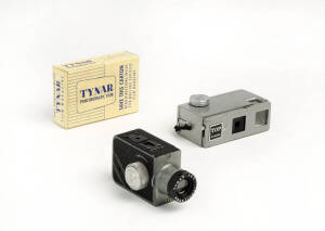 MARUSO TRADING CO. (Japan): Top Camera, c1965, sub-miniaturebakelite camera with metal front and back and finished to look like an all-metal camera; in original box with maker's plastic ERC. Also, a TYNAR, c1950 sub-miniature camera styled like a tiny mov