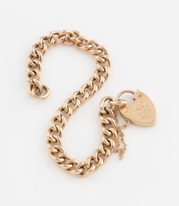 LARARD BROS. antique 9ct rose curb link bracelet with heart lock, 19th century, lock stamped "9" with pictorial marks, 11.5 grams total