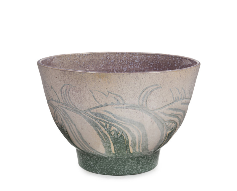 KLYTIE PATE pottery bowl with waving foliate sgraffito decoration with green and mauve speckled glaze, incised "Klytie Pate", 11.5cm high, 16.5cm diameter