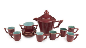 KLYTIE PATE pottery tea set comprising a teapot, milk jug and sugar bowl and six cups and saucers, (15 items), incised "Klytie Pate", the teapot 19cm high, 23cm wide