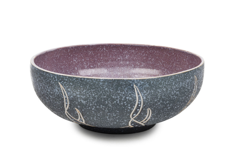 KLYTIE PATE impressive pottery fruit bowl with sgraffito decoration and blue and mauve speckled glaze, incised "Klytie Pate", 11.5cm high, 29cm diameter