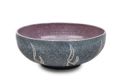 KLYTIE PATE impressive pottery fruit bowl with sgraffito decoration and blue and mauve speckled glaze, incised "Klytie Pate", 11.5cm high, 29cm diameter