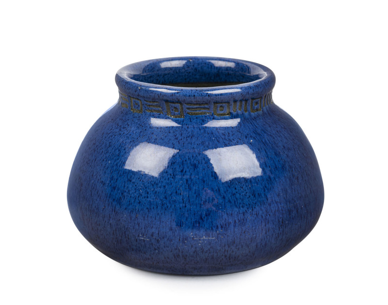 OSREY blue glazed pottery vase with decorative frieze, incised "Osrey, Ballarat, 1924", 9cm high, 13cm wide