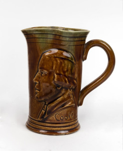REMUED "Captain Cook, Souvenir of Melbourne" pottery jug, incised "Remued", 13cm high, 12cm wide