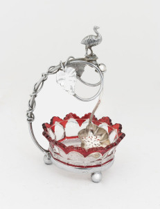 An Australiana sugar bowl with sifter, silver plate and pressed glass with emu finial, early 20th century, 21cm high