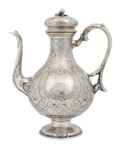 HENRY STEINER impressive Australian silver coffee pot, Adelaide, South Australian origin, circa 1870, stamped "H. STEINER, ADELAIDE" with additional pictorial marks, 30.5cm high.
