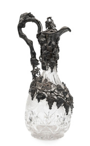 WILLIAM EDWARDS stunning Australian silver mounted claret jug with intricate grape and vine motif adorned with a ringtail possum and flying bird, Melbourne, circa 1860, stamped "W.E." with emu and kangaroo marks, 33.5cm high