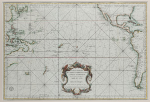 BELLIN, Jacques Nicolas (1703-1772). "Carte Reduite Des Mers Comprises Entre L'Asie et L'Amerique Apelées par les Navigateurs Mer Du Sud ouMer Pacifique..." [Paris: Dépôt de la Marine, 1776.], attractively hand-coloured, 55 x 82cm (image), 83 x 112cm (fra