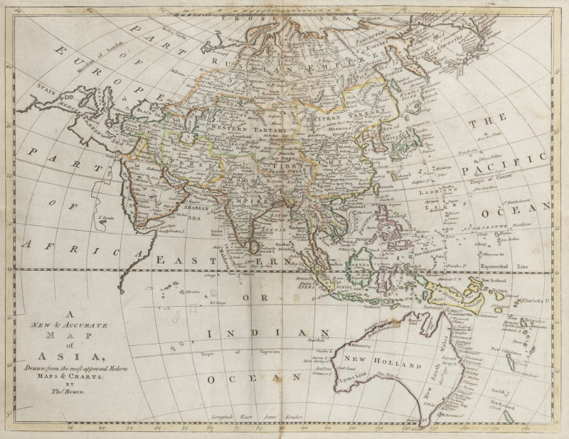 THOMAS BOWEN (1733 - 1790) "A New & Accurate Map of Asia, drawn from the most approved Modern Maps & Charts." London, 1799, some contemporary hand-colouring, 32 x 41cm (plate), 57 x 66cm overall with frame. Shows a largely speculative Southern Australian