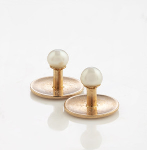 CATANACHS pair of natural pearl and gold studs in original Catanachs branded box, circa 1900, the box 5.5cm wide