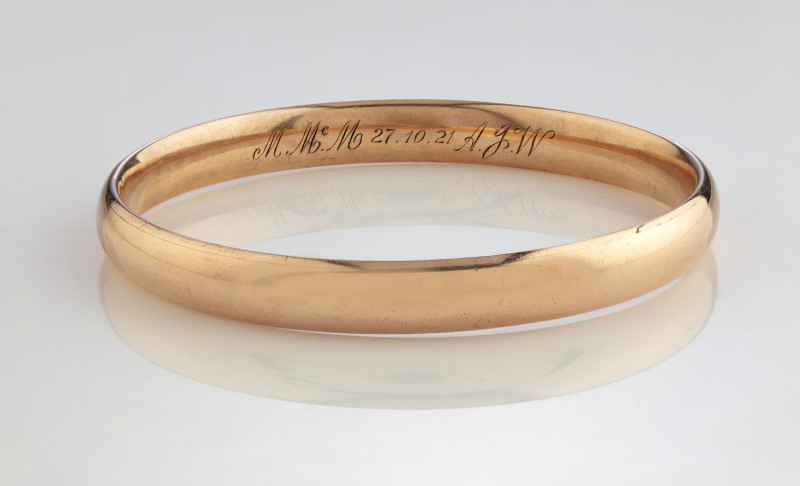 ARONSON of Melbourne antique bangle, rose gold finish over copper, early 20th century, stamped "9ct copper lined", 9cm diameter