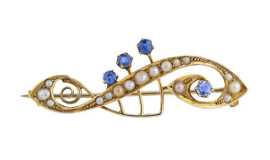 WILLIAM DRUMMOND & Co. of Melbourne antique musical themed brooch, 15ct gold, seed pearls and blue sapphires, circa 1900, stamped "W.15.D.", 4.5cm high, 3.6 grams