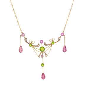 SUFFRAGETTE pendant necklace, 9ct gold with coloured stones, circa 1910. Rare. 37cm long, 6.7 gram