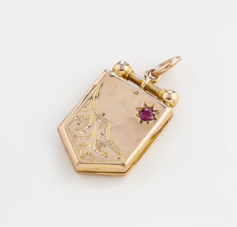 SIMONSEN of Melbourne antique 9ct gold locket set with red stone, late 19th century, remains of anchor mark visible, ​4cm high, 5.4 grams total