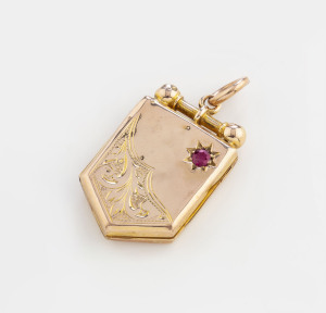 SIMONSEN of Melbourne antique 9ct gold locket set with red stone, late 19th century, remains of anchor mark visible, 4cm high, 5.4 grams total