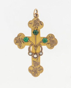 An antique Australian crucifix pendant, 9ct yellow gold with green stones and seed pearls, late 19th century, 4cm high, 2.7 grams