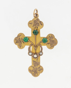 An antique Australian crucifix pendant, 9ct yellow gold with green stones and seed pearls, late 19th century, ​4cm high, 2.7 grams